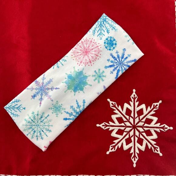 Snowflake Faux Knot/Turban Style Headband - Multicolor Snowflakes on white - Picture 2 of 2